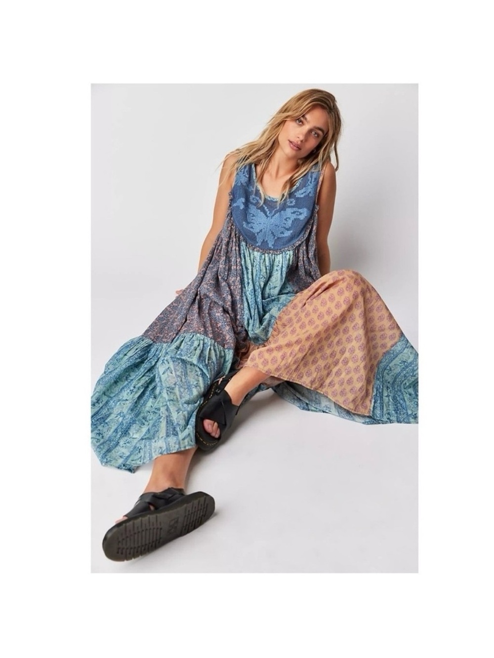 Bohemian Patchwork Maxi Dress in Blue & Peach Free people lost palms small - Picture 4 of 11